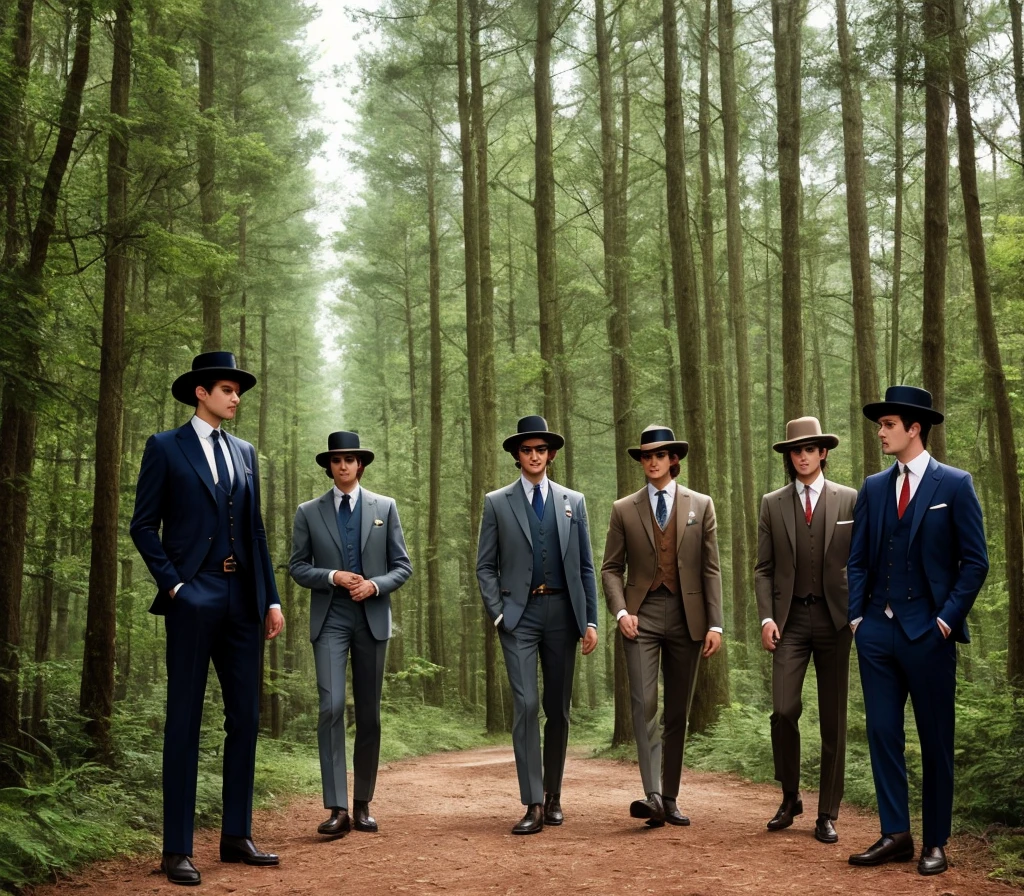 Half human half robot,three men in suits and hats standing in a forest, dressed in 1970s men&#39;s clothing, robots 1930s style clothing, old band,1 9 2 0 s pano style, 1 9 2 0 s clothes, dressed like in the 1940s, estilo old band,legendCker style, wearing 1 9 2 0 s fashion, fantasias de peaky blinders, Era do Jazz 