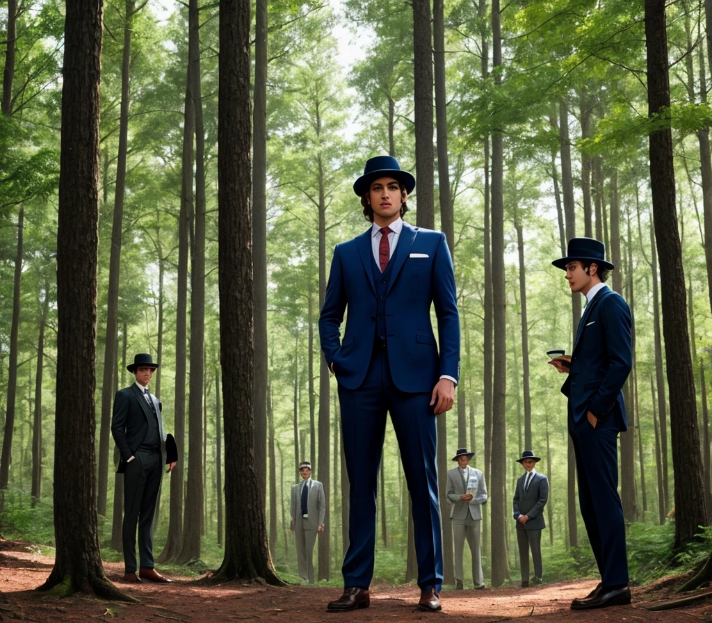 Half human half robot,three men in suits and hats standing in a forest, dressed in 1970s men&#39;s clothing, robots 1930s style clothing, old band,1 9 2 0 s pano style, 1 9 2 0 s clothes, dressed like in the 1940s, estilo old band,legendCker style, wearing 1 9 2 0 s fashion, fantasias de peaky blinders, Era do Jazz 