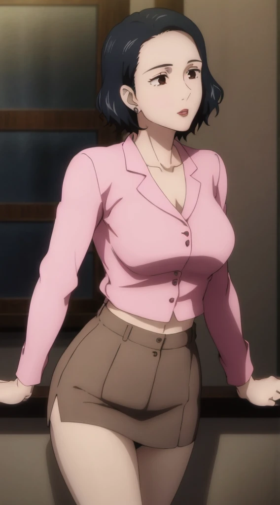 Toshiba Nagi, (((masterpiece))), black short hair, brown eyes, red lips, perfect medium erected breast, perfect model body, pink blazer, white shirt, pink tight skirt, black stockings, parted lips, highly detailed office with panoramic windows, seductive pose