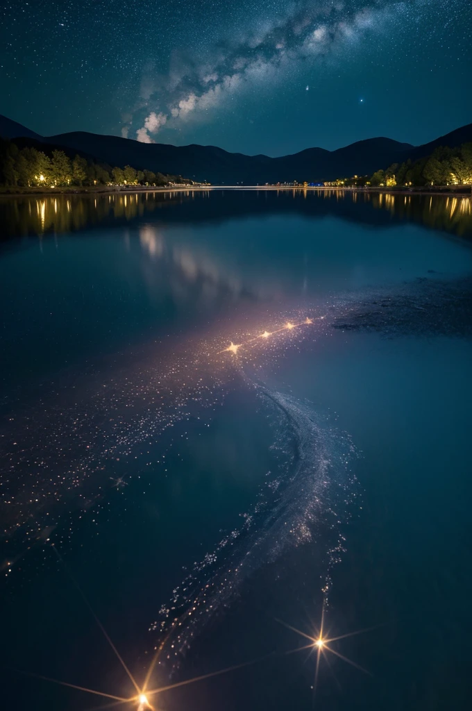 16k, best quality, extremely detailed, ultra quality, ultra highres, masterpiece, beautiful, Raw Photo, beautiful girl, Dreamy starry night over a tranquil lake, water's surface, reflect on the water, look up to, from behind, high angle, wide angle, long shot, Starlit Spectacular, Shimmering Nightscapes