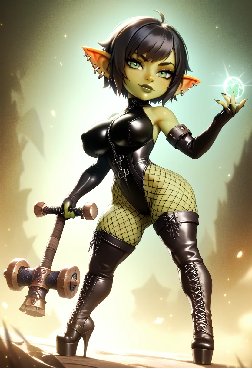 Girl, goblin girl, goblin, green skin, short, short stature,short hair, black hair, large breasts, miniskirt, latex, long gloves, thigh boots, goth, pouty lips, masterpiece, best quality, sexy, dynamic pose, 8k, shortstack, sfw, shiny, fantasy, dungeons and dragons, high heels,  fishnets, holding, dark green skin, adventurer, barbarian, large hammer  