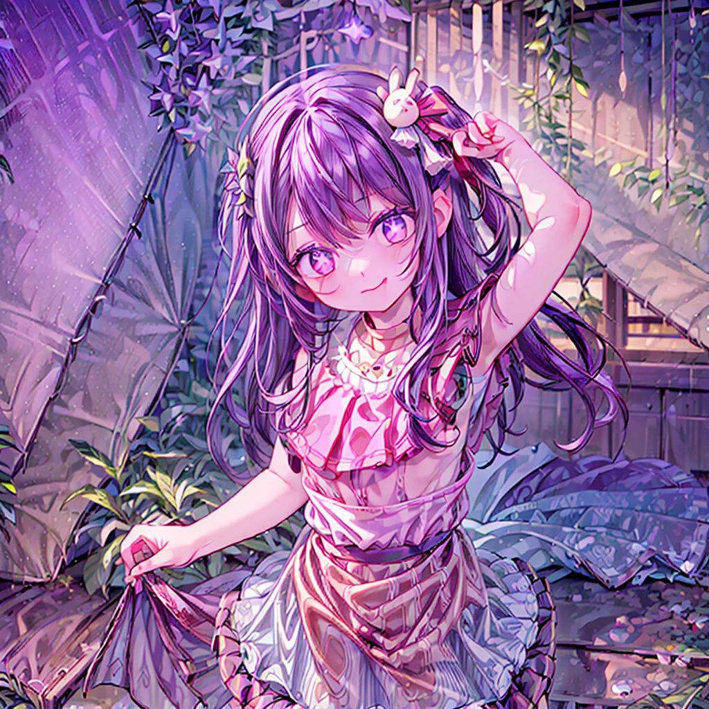 女の子1人、full body, cowboy shot、(Rembrandt)、illustration、(​masterpiece)、(top-quality)、(ultra-detailliert)、finely detail、(depth of fields)、Hinoai、gloves、armpit, tongue-out、tongue、length hair、star \ (Symbols\)、Looking at the camera、(Purple hair:1.2)、Purple eye、full body view, hair ornament、:p、frilld、Pink Shirt、a smile、sleeveless、The shirt、idol、Symbol Eye、pulling the hands up、bangss、One Side Up、star-shaped pupils、Raise arms、Pull the dress、Roaring 20s、isometric, florals、stage、kirakira, armpit, dynamic view, (((pussy))), full body view, skirt-lift, view from front,