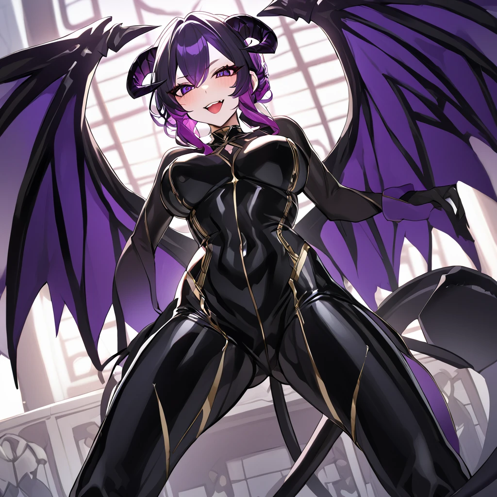 ((Highest quality)), ((masterpiece)), (detailed), （Perfect Face）、The woman is naked and wearing a shiny black full-body bodysuit decorated with gold, the sexy female demon, Devil Queen Shinobu Kochou.、The woman is a female demon with magnificent devil horns, jet black devil wings and a jet black tail. She is looking at the camera with a happy expression, her name is Kocho Shinobu, and she has purple hair and the expression of a girl in love.、The woman is Kocho Shinobu