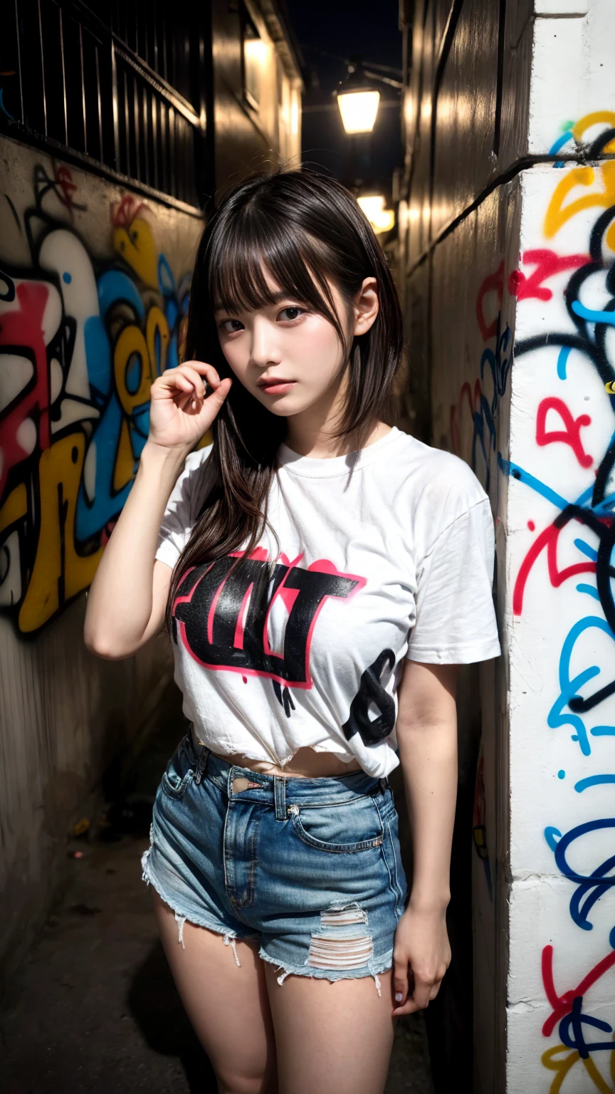 masterpiece, best quality, illustration, Super detailed, fine details, High resolution, 8K,wall paper, perfect dynamic composition,(Details High quality, realistic depiction of eyes:1.3), (Japanese age girl standing in a dirty back alley at night, graffitied wall:1.1), (wearing a tattered and dirty t-shirt.:1.1), Wearing baggy pants, dirty body, short bob hair, black hair color, Big Natural Color Lip, seductive face, provocative look, crying a little、Harajuku style、(graffiti), night time, 20 year old girl、cute type、loliGravure Idol, full body photo、focus on crotch, (huge breasts)