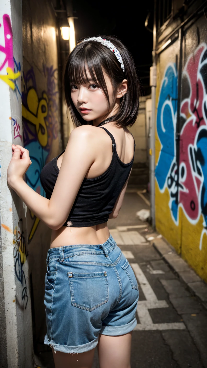 Charming woman in a short white ultra-low rise skirt、Her OL uniform elegantly draped over her curvy figure、(Ultra-low rise skirt)、She crouched worriedly behind the corner wall、There are pedestrians passing by、bathed in the soft light of the moonlight、The scene is、With a mysterious and sexy touch、It exudes an ethereal dreamy atmosphere。The lights are filled with soft moonlight、casting soft highlights and shadows on her charming features。(black lence stockings，long leges)、Wear an OL uniform、Short skirt with low rise、black heels、Large breasts、Long legs、perspired、Three-dimensional facial features、４ｋ、８ｋ、RAW photography、best qualityer、(with short black hair)、A high resolution、High-quality photos、pensive expression、Melancholy、Open-mouthed、Stick out your tongue、is shy、(Wear thongs、High slit、open waist、Bare back、Gray tight miniskirt、Tong)、back shots、Watching from behind、squating、Thong full view