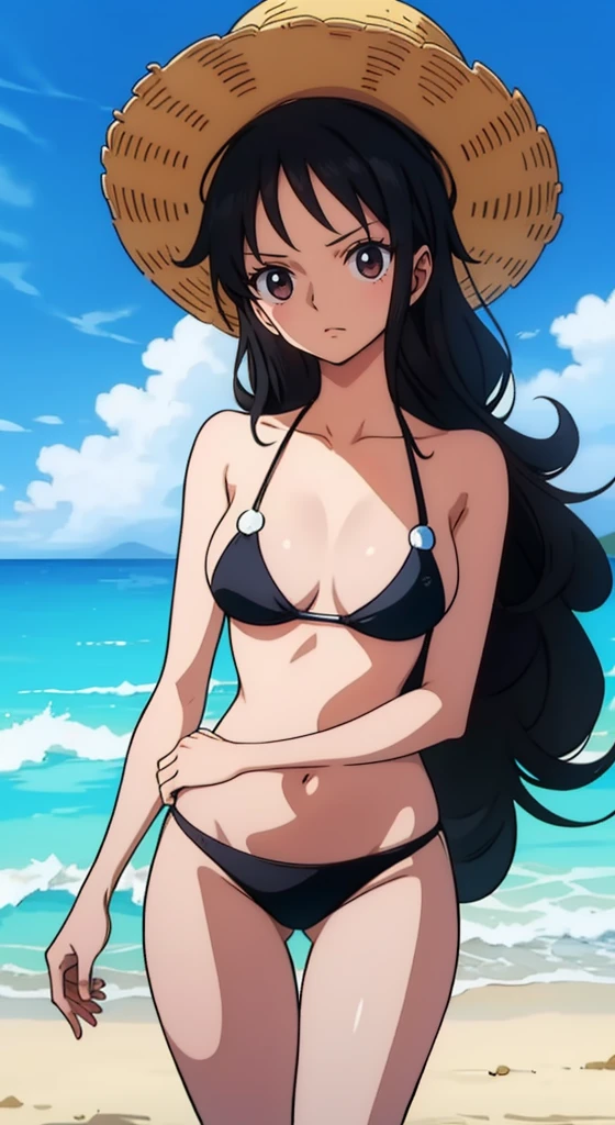 A girl with black curly hair, dark skin, black eyes and name mayza hasaua wearing a black bikini wearing a straw hat on the beach