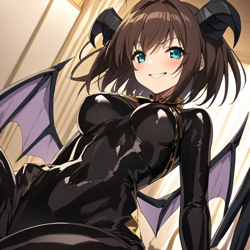 ((Highest quality)), ((masterpiece)), (detailed), (Perfect Face)、The woman is naked and wearing a shiny black full-body bodysuit decorated with gold, the sexy female demon, Devil Queen Haruhi Suzumiya、The woman is a female demon with magnificent devil horns, jet black devil wings and a jet black tail. She is looking at the camera with a happy expression, she is the demon Haruhi Suzumiya, she has short brown bob hair and the expression of a girl in love.、The Woman is Haruhi Suzumiya