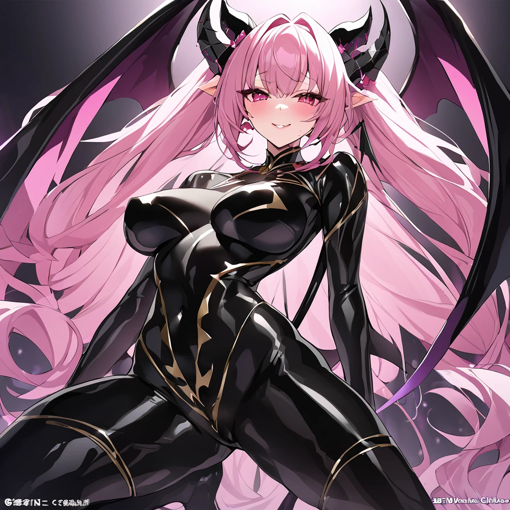 ((Highest quality)), ((masterpiece)), (detailed), （Perfect Face）、The woman is a naked demon queen, Devil Queen Chibiusa, wearing a shiny black full-body bodysuit decorated with gold, the sexy female demon Devil Queen Chibiusa、The woman is a female demon with magnificent devil horns, jet black devil wings and a jet black tail. She is a demon Chibi-Usa with a happy expression as she looks at the camera, with pink semi-long hair in a chignon twin tail and the expression of a girl in love.、The girl is Chibiusa