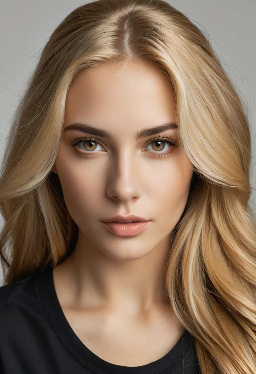 Portrait of a stunning woman with piercing brown eyes and long flowing blonde hair, wearing a black t-shirt, realistic, intricate details in clothing and facial features, studio lighting to enhance the depth and realism of the image. Ultra-textured skin, face looking directly into the camera. natural skin? not soap