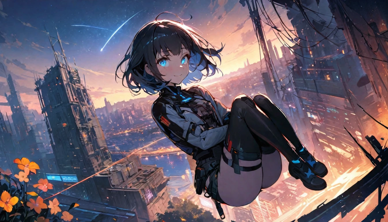 1 girl, solo, blue eyes, (detailed eyes), gentle smile, flat chest, short hair, black hair, full body, ((masterpiece, illustration, best quality))She sits in a field full of flowers on the plateau and look up at the night sky、Talvez por estar frio, his breath feels pale white.、The source of light is a star in the night sky々Apenas luz、She is seen turning her face to him、Make a mostly picture of the night sky from a short distance behind the two of them and a dystopic, post-apocalyptic city、A shooting star has now flowed into the night sky、The area is dark、In the darknesaster part、realisitic, cyberpunk girls, neon elements