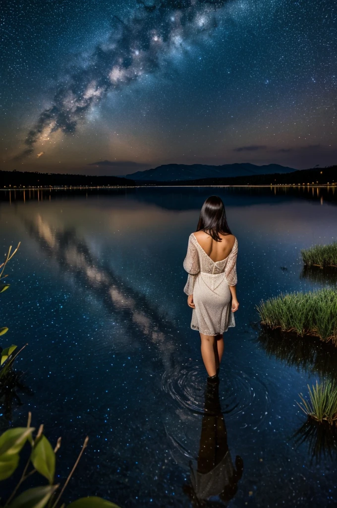 16k, best quality, extremely detailed, ultra quality, ultra highres, masterpiece, beautiful, Raw Photo, beautiful girl, Dreamy starry night over a tranquil lake, water's surface, reflect on the water, from behind, high angle, wide angle, long shot, Starlit Spectacular, Shimmering Nightscapes