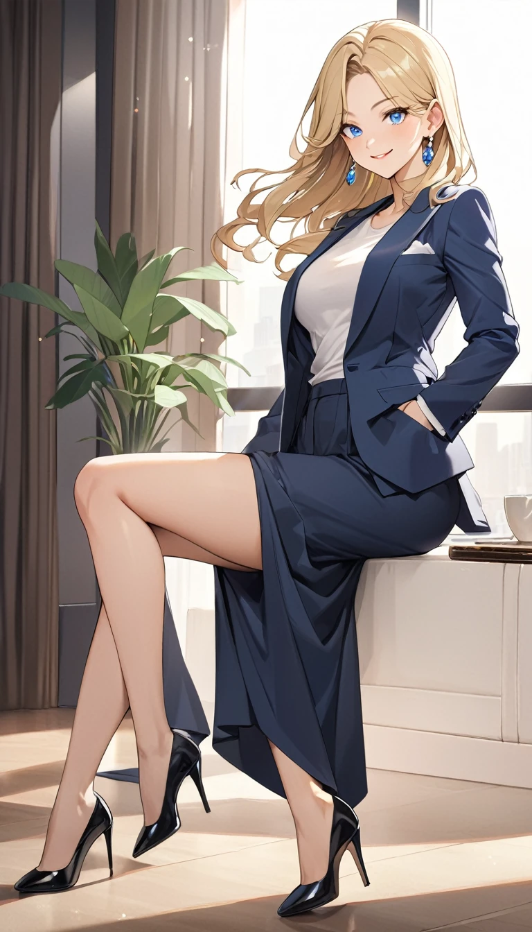 (Highest quality、Very detailed、Ultra-high resolution) 、(1 girl、17 years old、Mature), blue eyes、smile、((Blonde))、Semi-long hair、Beautiful breasts、(suit:1.4), T shirt, High heels, earrings