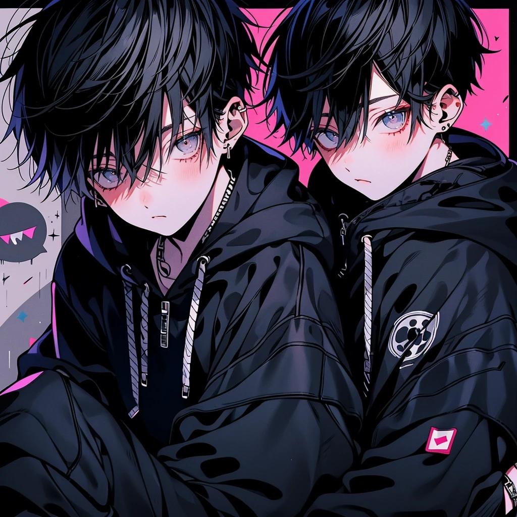 Highest quality,Cool boys,Charm,Black Hair,Short Hair,Gray Eyes,Staring at the audience,Wearing a hoodie、Hood down、