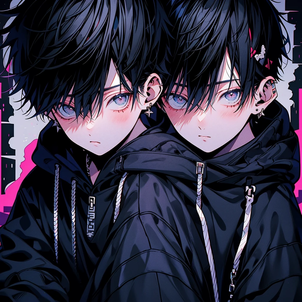 Highest quality,Cool boys,Charm,Black Hair,Short Hair,Gray Eyes,Staring at the audience,Wearing a hoodie、Hood down、