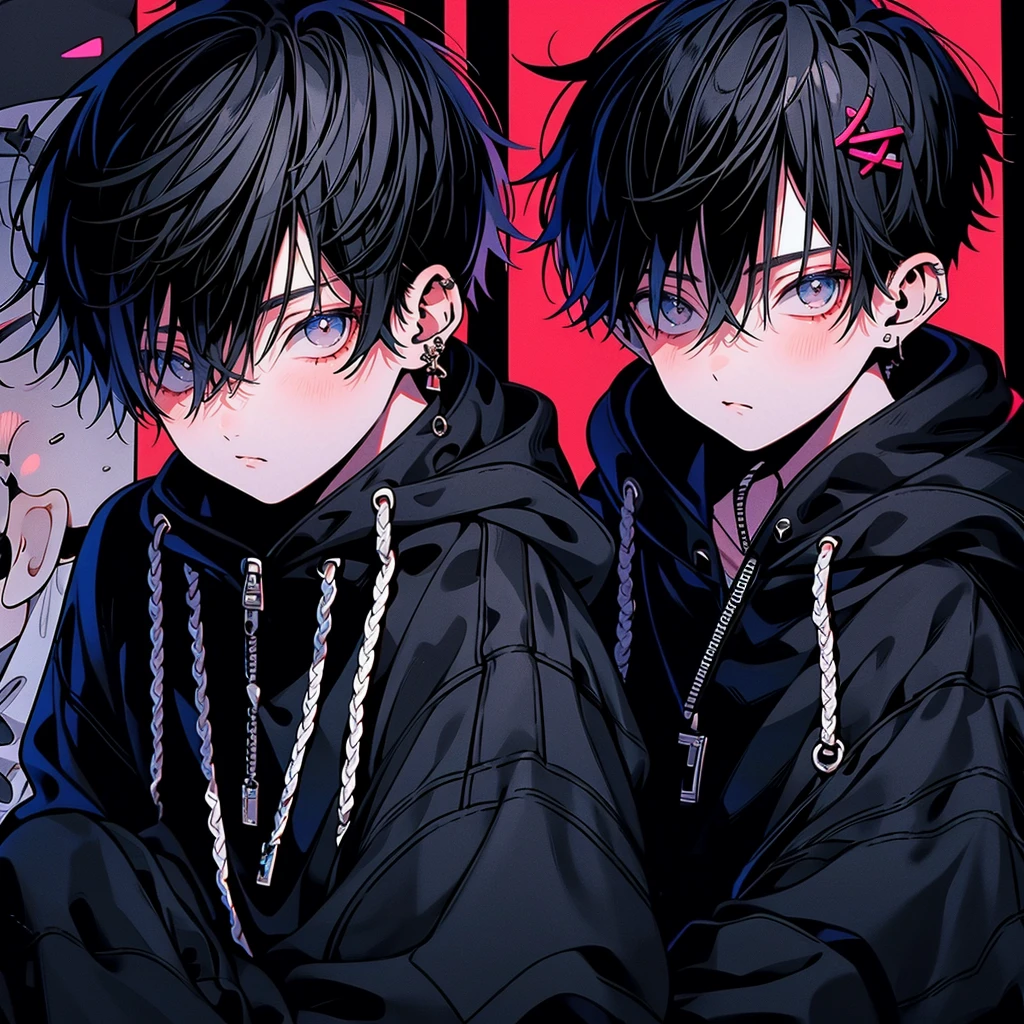 Highest quality,Cool boys,Charm,Black Hair,Short Hair,Gray Eyes,Staring at the audience,Wearing a hoodie、Hood down、