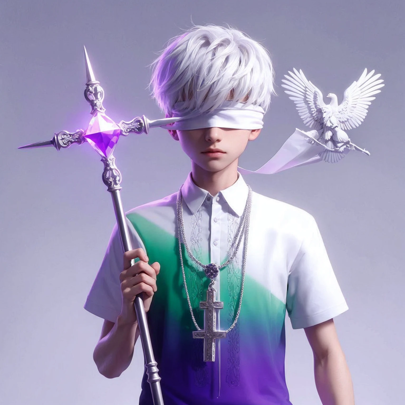 Handsome boy, white hair, wearing white blindfold, white green and purple polo, holding a cross