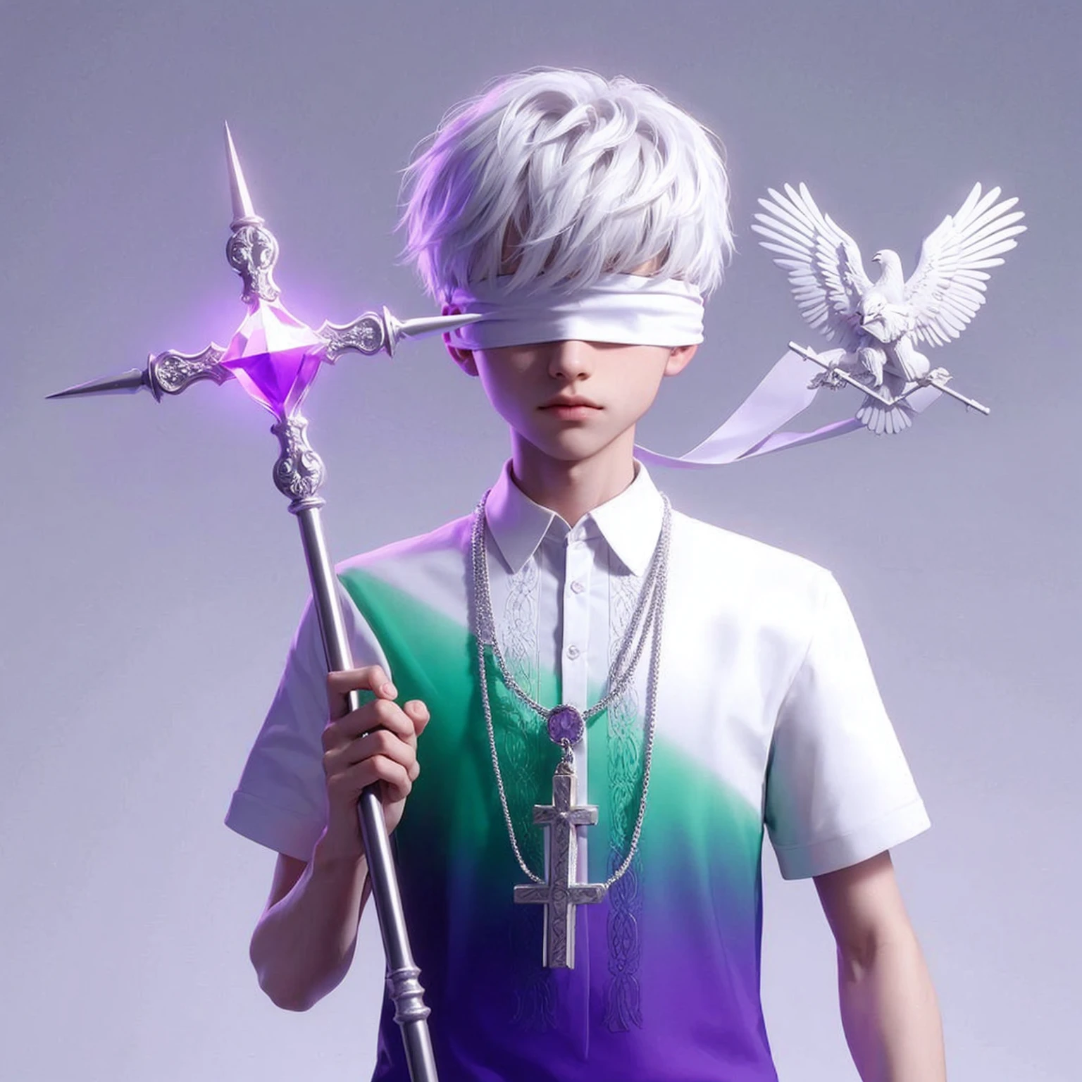 Handsome boy, white hair, wearing white blindfold, white green and purple polo, holding a cross