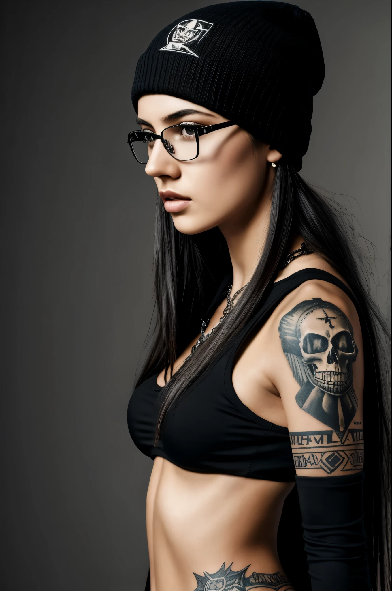 1girl in, age16, rock babe, Solo, long hair, Looking at Viewer, long dark hair, shoulders, jewellery, rock band loose vest tshirt, metallica, sideboob, tattoos.
Full body, (extremely detailed 8k wallpaper), soft lighting, high quality, film grain, Fujifilm XT3 sharp focus, f 5.6,
High Detail, Sharp focus,(natural light), (closeup:1.2), (seductive),
Realistic, A sexy young girl, seductive, alluring. biting lower lip
expression of desire, passion, lust, want. dynamic pose, dynamic angle, dramatic lighting.
black glasses, beanie hat, jewellery, skull and crossbone theme.