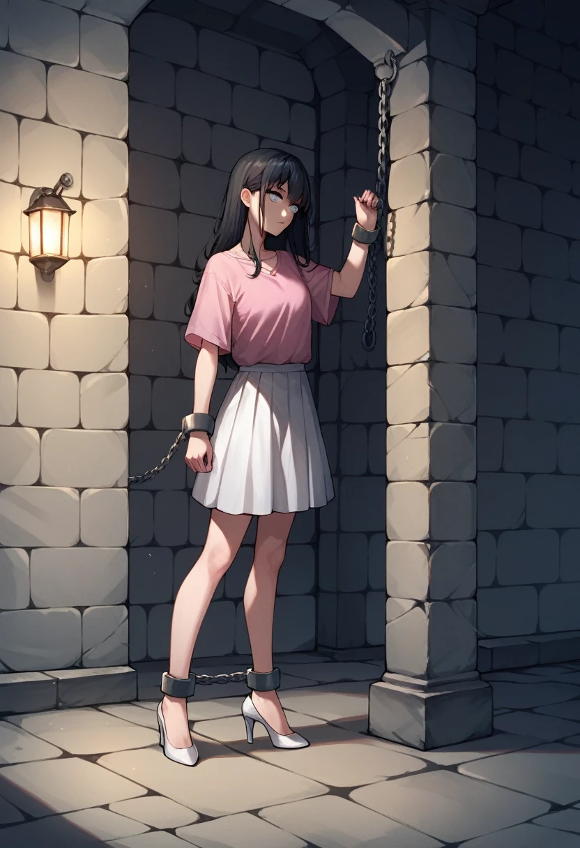 score_9, score_8_up, score_7_up, score_6_up, score_5_up, score_4_up, source_anime, 1girl, worth, black hair, loose hair, white eyes, w-w-chain, shackles ,put on hand's, long hair, pink shirt, skirt, white stockings,night, dungeon, best quality, best res, 4K UHD,
 