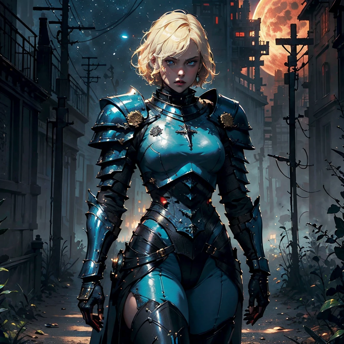 1girl, (solo), short curly hair, (golden hair), small breasts, light blue eyes, small size, fair skin, serious face, (fangs), (blue armor plate), full body, (night), blood moon, medieval town, forest behind, (very sexy body, detailed face, masterpiece, highly detailed, 8k, best quality, vibrant colors, digital art, concept art).