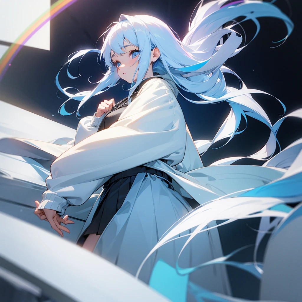A woman with long white-blue hair and light rainbow eyes, a cute look, wearing a white long-sleeved sweater and a gray skirt anime Masterpiece 3D