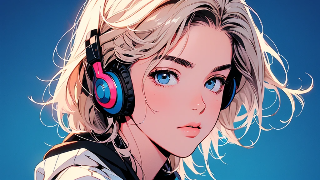2D illustration, anime, Manga style, whole body,Asian, Bishamon from noragami, 1 Girl, Big Hair, Shortcuts, {{full name eyes}}, create, High resolution, masterpiece, Highest quality, High detail, High detailed eyes, Grain Filter, Detailed lips, High resolution, Super detailed, Portraiture, Realisticな比率, Anatomically correct, Beautiful young woman, Erin Moriarty pairing:0.7, joey king:0.5, Sydney Sweeney:0.whole bodyポートレート, Illustrator, anime , Realistic ,sketch , 1 Girl, ,lip, hoodie,order, Blue gradient background, Neon Hair,Textured Trim, (masterpiece,Highest quality), lofi, Battle DJ girl in HIPHOP fashion wearing DJ headphones