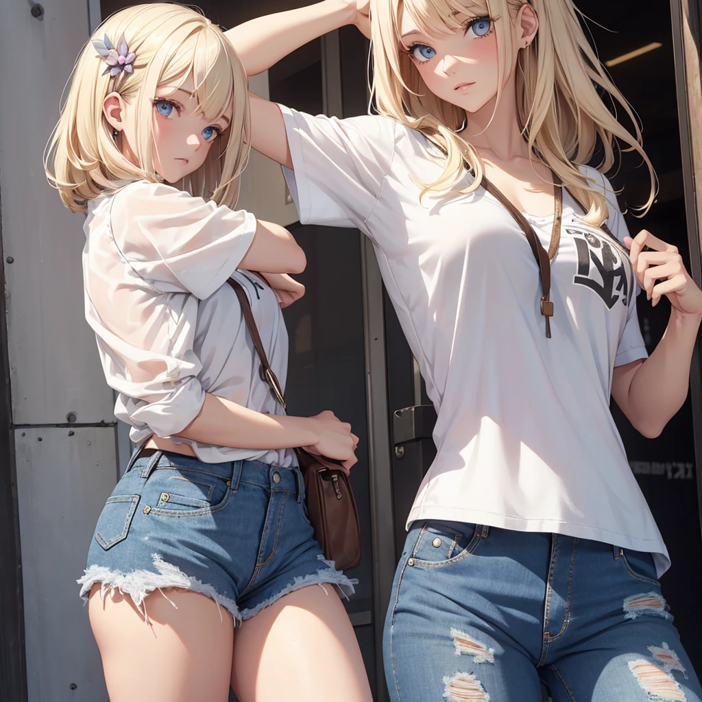 Absurd, Very detailed,Bright colors, Very beautiful and detailed anime faces and eyes, Look straight, ;d, Shiny_skin,Age 25, short hair, , Asymmetrical bangs, (Blonde short twin tails:1.4),(I wear clothes:1.7),(Bra very:1.4),Shiny hair, Delicate and beautiful face,(surprised:1.7) ,blush、blue eyes, White skin, Valletta, Earrings, necklace,(Brown sleeveless:1.2), Beautiful Clouds, Twilight Sky,