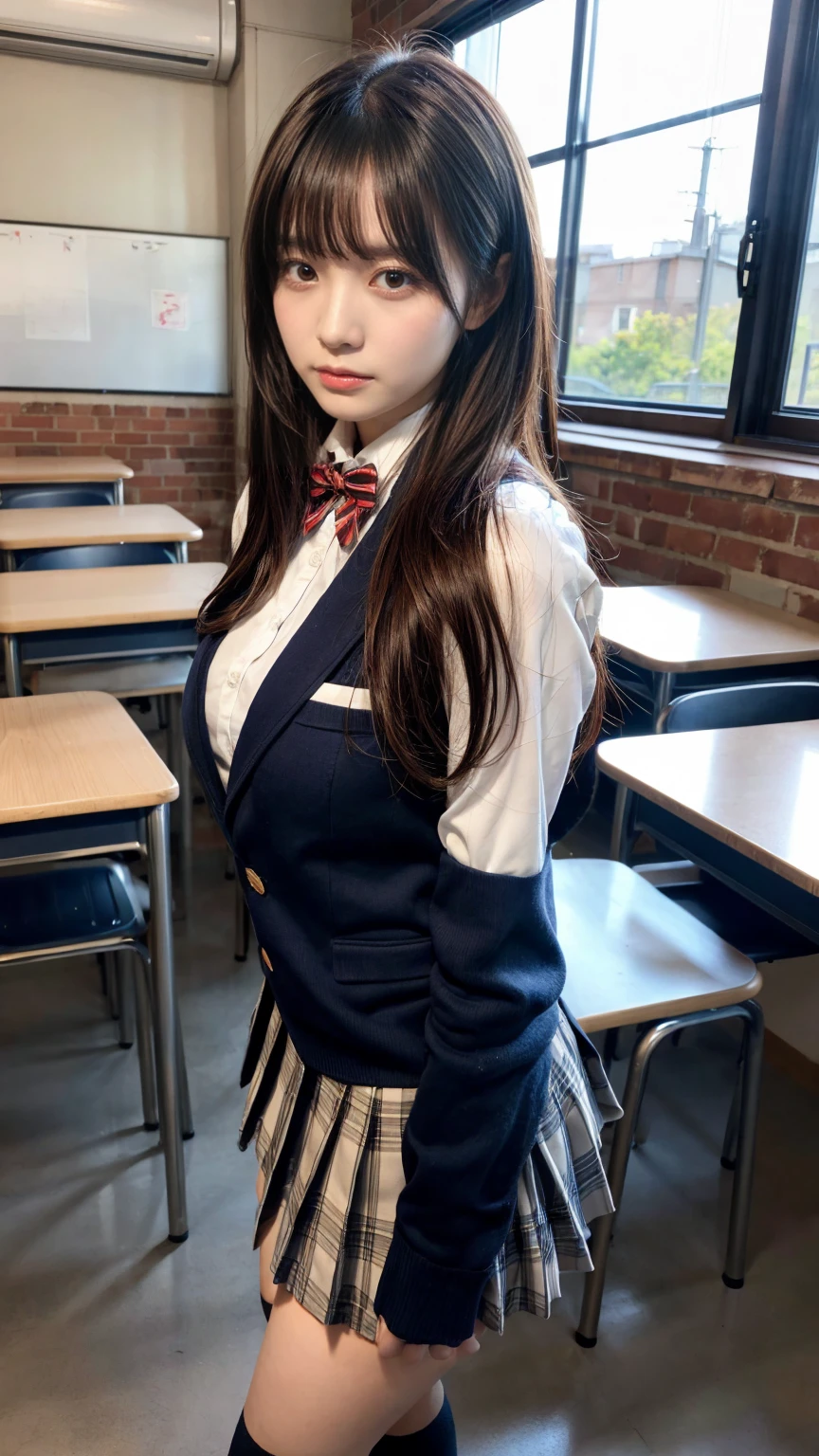 masterpiece, best quality, illustration, Super detailed, fine details, High resolution, 8K,wall paper, perfect dynamic composition,(Details High quality, realistic depiction of eyes:1.3), from side, High School Classroom、High school girl uniform、blazer 、Super Short Check Uniform Skirt、Navy blue high socks、garterbelts、Colossal tits、Disturbed uniform, ponytail, black hair color, large breasts, Big Natural Color Lip, bold sexy pose, (perfect body shape), crying a little、cold gaze, Harajuku style、20 year old girl、cute type, beautiful legs, hposing Gravure Idol, Voluptuous thighs