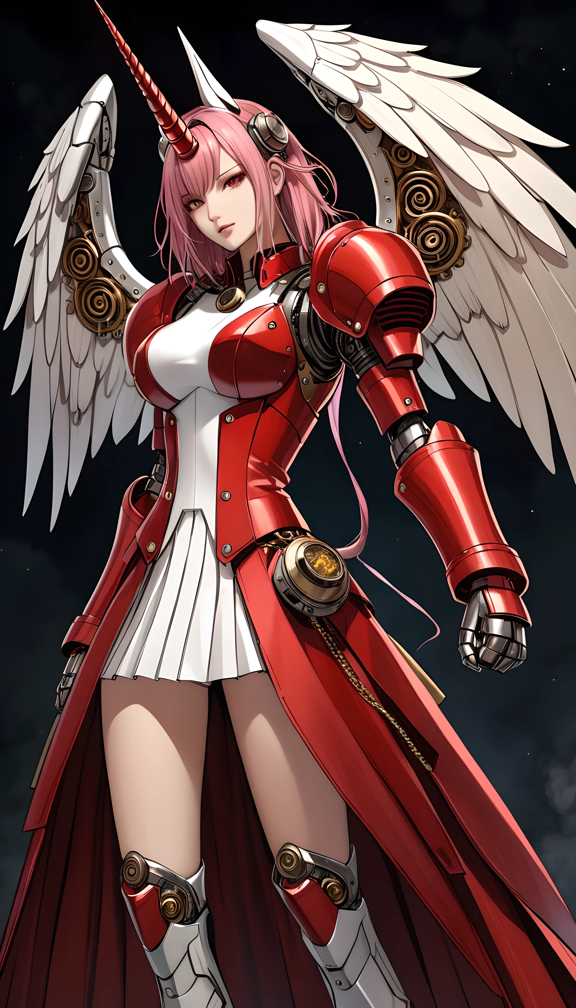 unicorn horn，metal spiral sharp corners,in style of Santiago Caruso,
huge mechanical angel wings,mechanical_halo,1 girl,mechanical wrist,mechanical skirt with pleated skirt,(huge makeover mechanical fists:1.5),the fist flashed red,