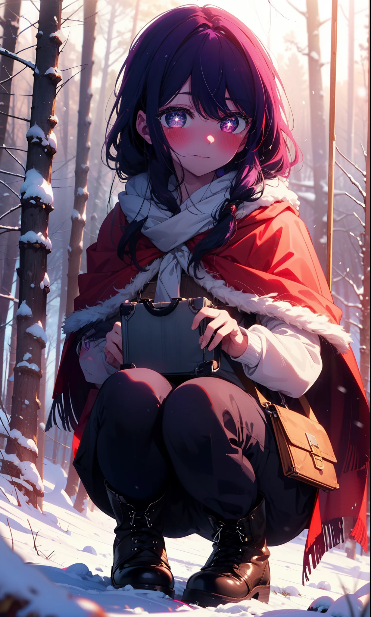 aihoshino, Ai Hoshino, Long Hair, bangs, (Purple eyes:1.1), Purple Hair, (Symbol-shaped pupil:1.5), smile,,smile,blush,White Breath,
Open your mouth,snow,Ground bonfire, Outdoor, boots, snowing, From the side, wood, suitcase, Cape, Blurred, , forest, White handbag, nature, Squat, Mouth closed, Cape, winter, Written boundary depth, Black shoes, red Cape break looking at viewer, Upper Body, whole body, break Outdoor, forest, nature, break (masterpiece:1.2), Highest quality, High resolution, unity 8k wallpaper, (shape:0.8), (Beautiful and beautiful eyes:1.6), Highly detailed face, Perfect lighting, Extremely detailed CG, (Perfect hands, Perfect Anatomy),