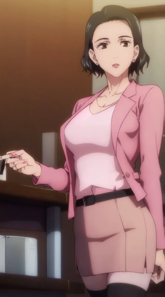 Toshiba Nagi, (((masterpiece))), black short hair, brown eyes, red lips, perfect medium erected breast, perfect model body, (((pink blazer, white shirt, pink tight skirt, black stockings))), parted lips, (((highly detailed co-working interior with panoramic windows))), seductive pose