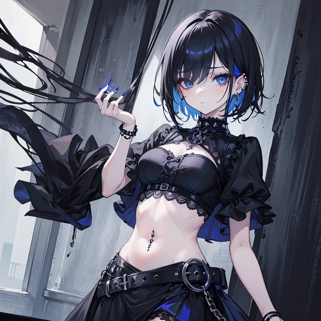masterpiece, best quality, 1girl, goth, blue eyes, short hair, bangs covering one eye, detailed eyes, glowing eyes, gothic makeup, deadpan, black shirt, short shirt, navel, short black skirt, gothic bracelet, piercings, Gothic bedroom, detailed bedroom

