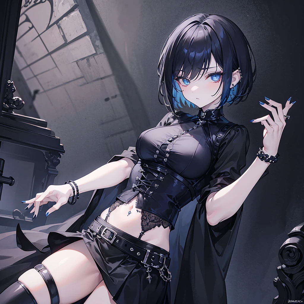 masterpiece, best quality, 1girl, goth, blue eyes, short hair, bangs covering one eye, detailed eyes, glowing eyes, gothic makeup, deadpan, black shirt, short shirt, navel, short black skirt, gothic bracelet, piercings, Gothic bedroom, detailed bedroom
