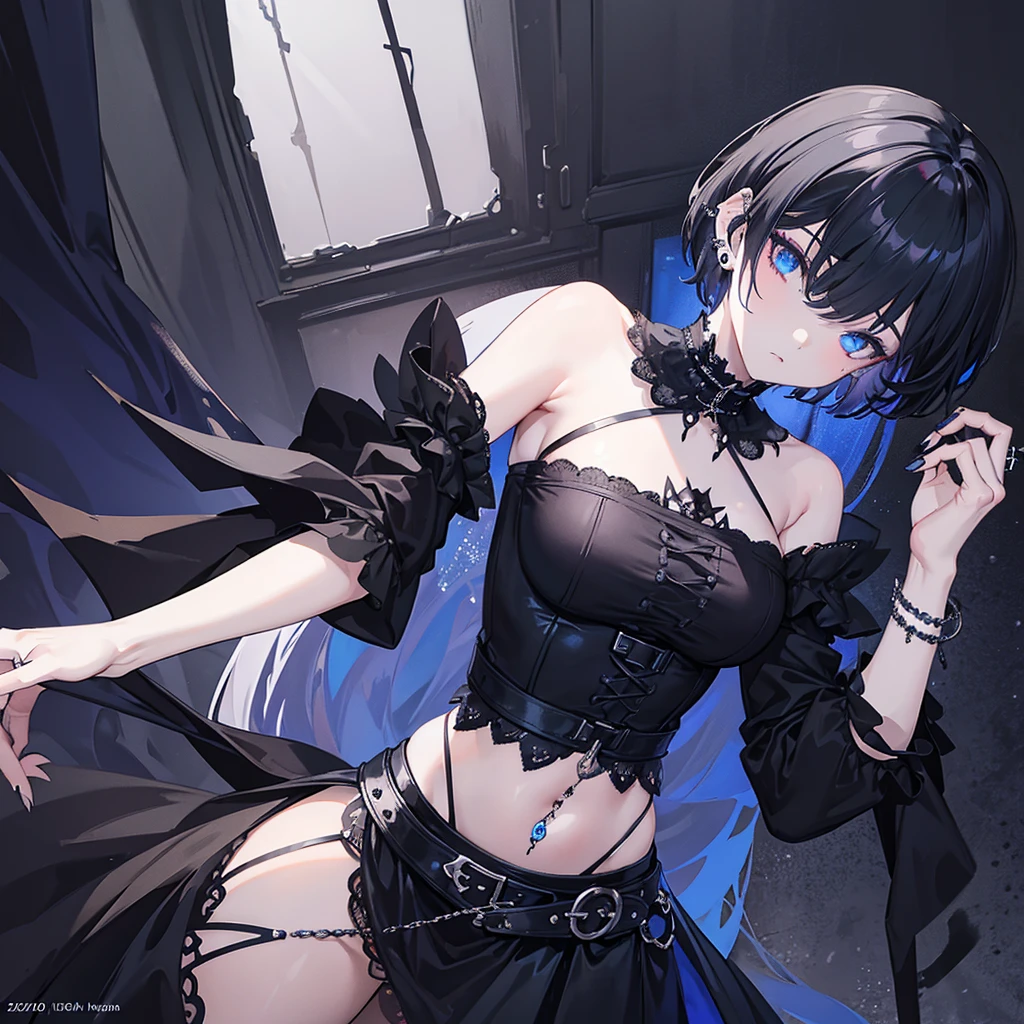 masterpiece, best quality, 1girl, goth, blue eyes, short hair, bangs covering one eye, detailed eyes, glowing eyes, gothic makeup, deadpan, black shirt, short shirt, navel, short black skirt, gothic bracelet, piercings, Gothic bedroom, detailed bedroom
