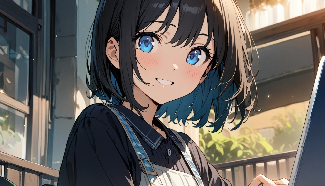 (1girl in),(beautiful blue eyes finely detailed、Face to detail、flat chest, masterpiece sidelighting、​masterpiece、top-quality、detaileds、High resolution illustration),Woman using laptop on the open terrace of a fashionable café、18year old、OL、Everyday clothes、A smile、frontage、The upper part of the body、black hair、Short bob hair、The upper part of the body、