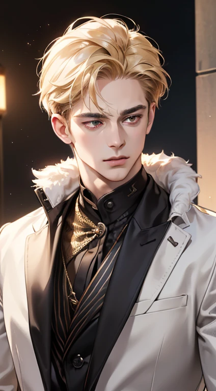 (best quality, masterpiece, 8K, photorealistic, cinematic lighting, 1:4 hdr image, ultra detailed, beautiful image), a mature man, 34 years very handsome, ((cold expression)), short golden hair, red eyes, face perfect without mistakes, ((buttoning his jacket, CEO))