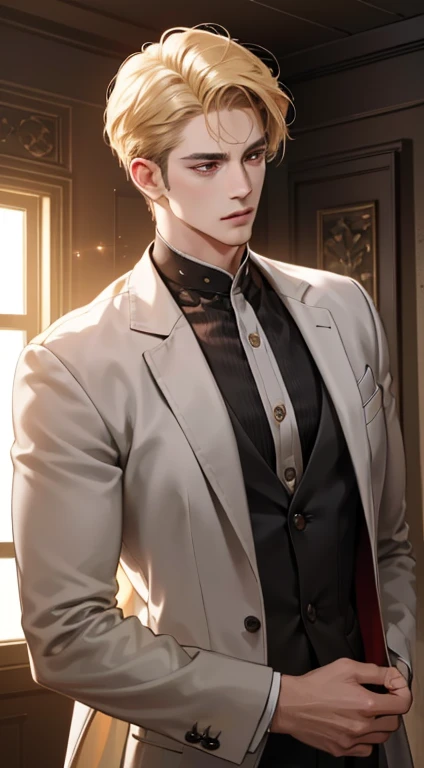 (best quality, masterpiece, 8K, photorealistic, cinematic lighting, 1:4 hdr image, ultra detailed, beautiful image), a mature man, 34 years very handsome, ((cold expression)), short golden hair, red eyes, face perfect without mistakes, ((buttoning his jacket, CEO))