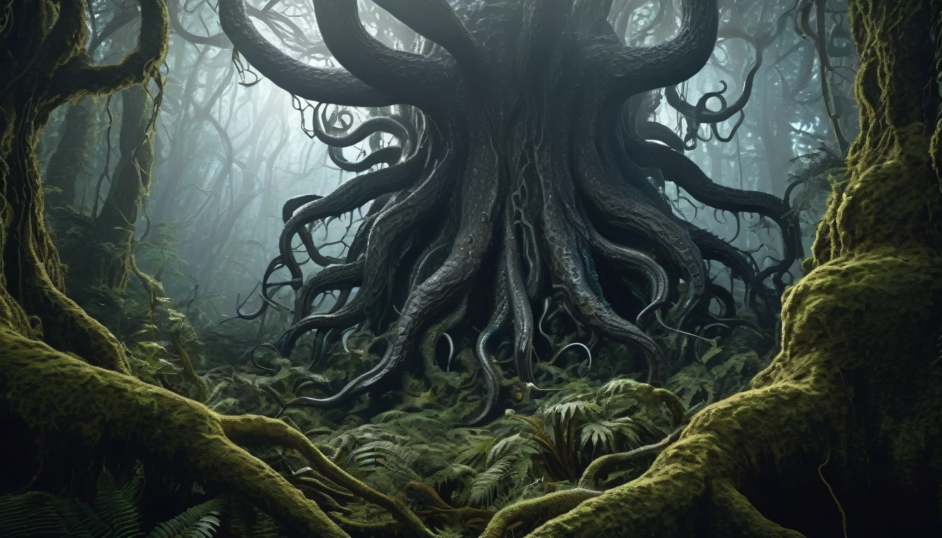 Lovecraftian horror, cosmic background, intricate details, surreal and terrifying, chiaroscuro lighting, high detail, uncanny valley, horror forest