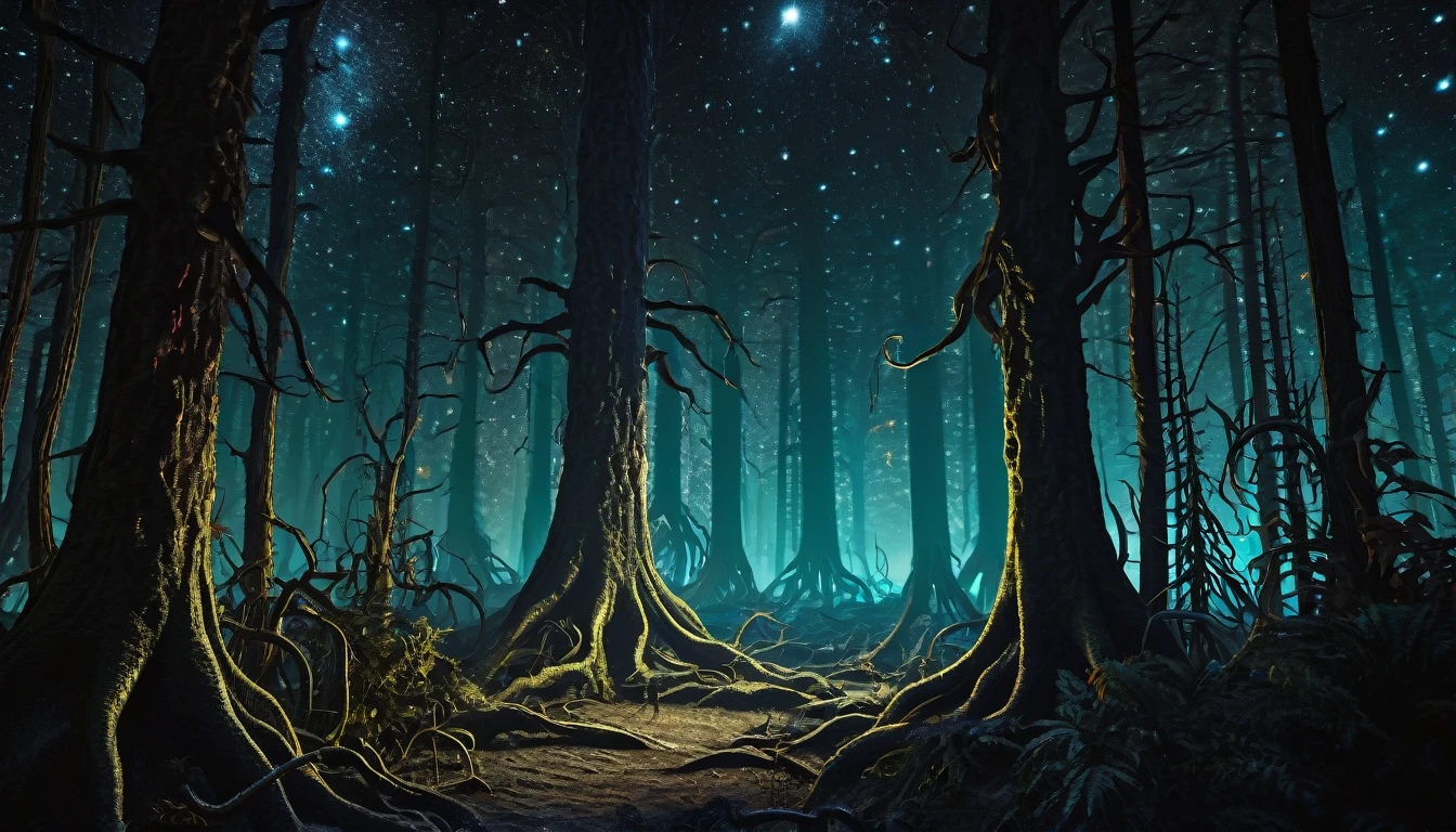 Lovecraftian horror, cosmic background, intricate details, surreal and terrifying, chiaroscuro lighting, high detail, uncanny valley, horror forest