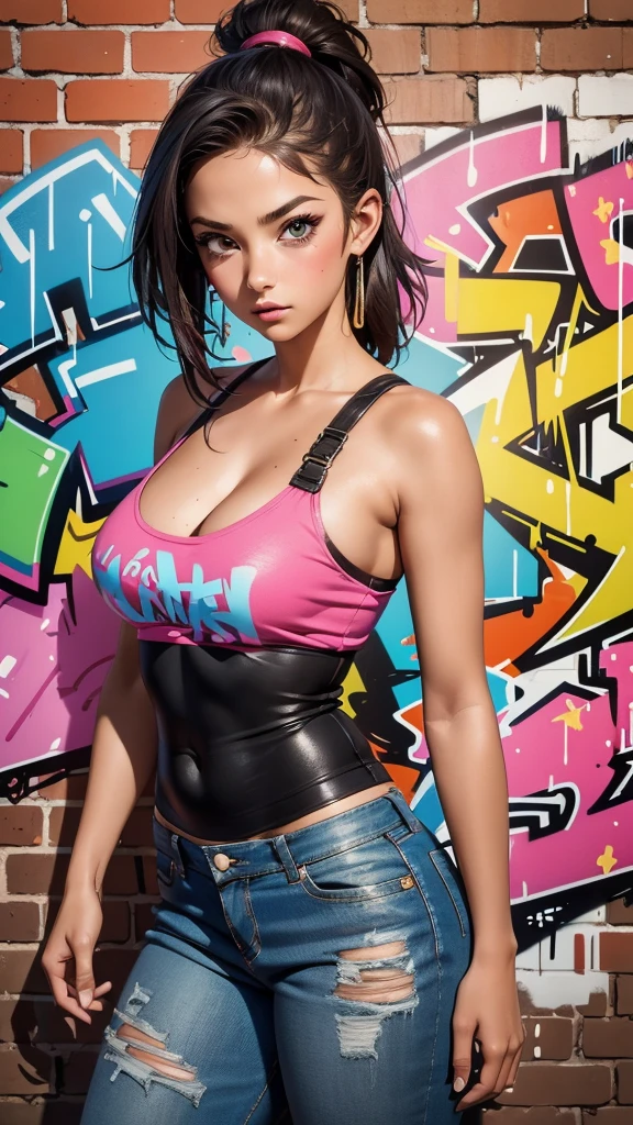 (NSFW), (best quality), (high detail), (vivid colors), (graffiti style), (freestyle), (Close up), (1girl), young sexy female college girl, big breast, no top, posing in front of a brick wall painted with street art, HDR, 8K, 3D, graffiti art style.