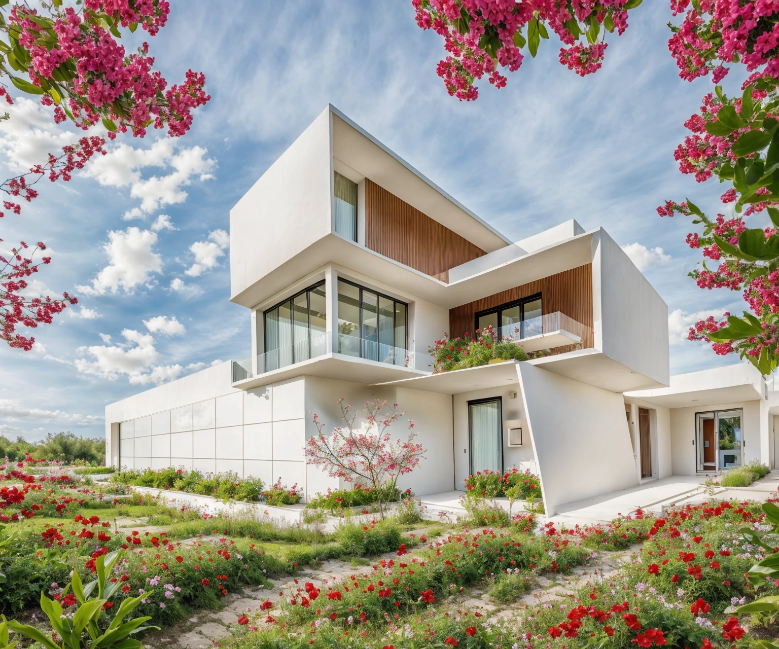PLATEFORME KTHOUSE, Beaucoup de belles fleurs rouges le long de la route:1.3, Romantique, 1 maison de style néoclassique, La maison de ville est faite de murs blancs, Belle lumière, journée de beauté, ensoleillé, Beaucoup de bougainvilliers rouges le long de la route:1.3, belle sensation de jeunesse :1.2, soleil à midi, Très belles ombres,