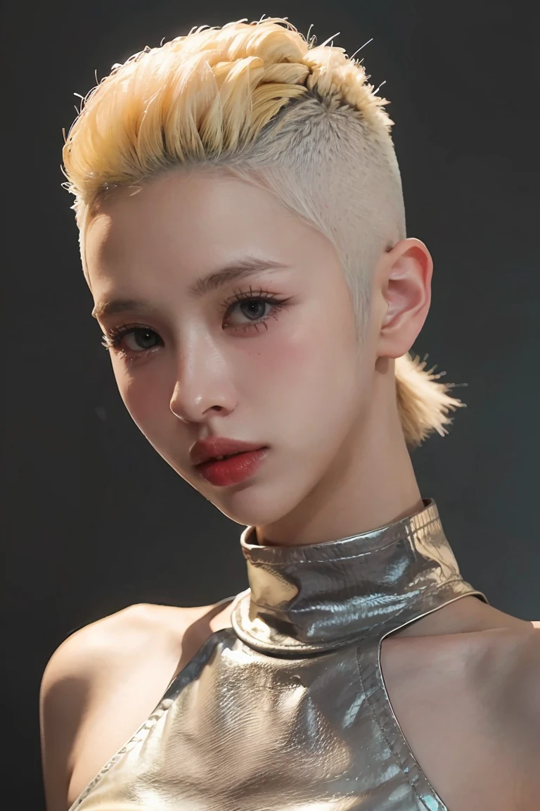 a 20 yo woman, blonde, (hi-top fade:1.3), dark theme, soothing tones, muted colors, high contrast, (natural skin texture, hyperrealism, soft light, sharp)