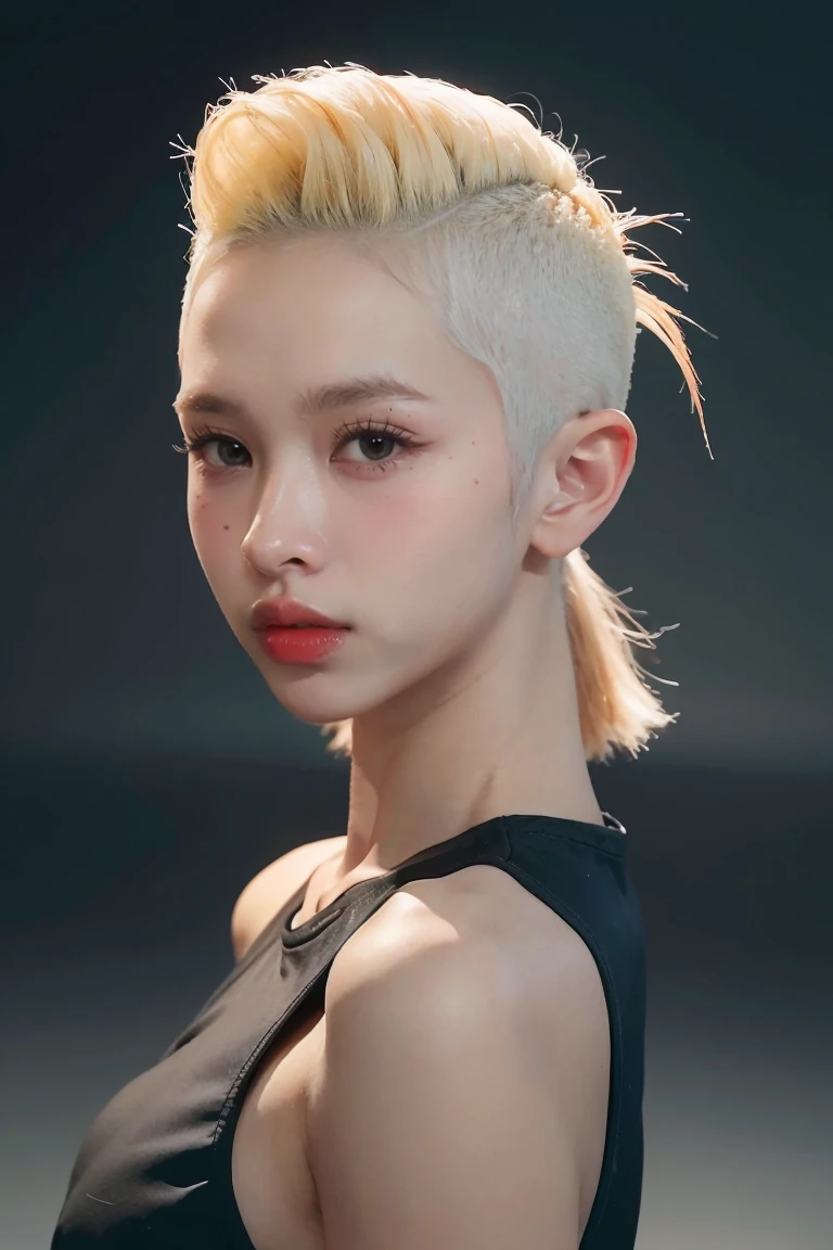 a 20 yo woman, blonde, (hi-top fade:1.3), dark theme, soothing tones, muted colors, high contrast, (natural skin texture, hyperrealism, soft light, sharp)