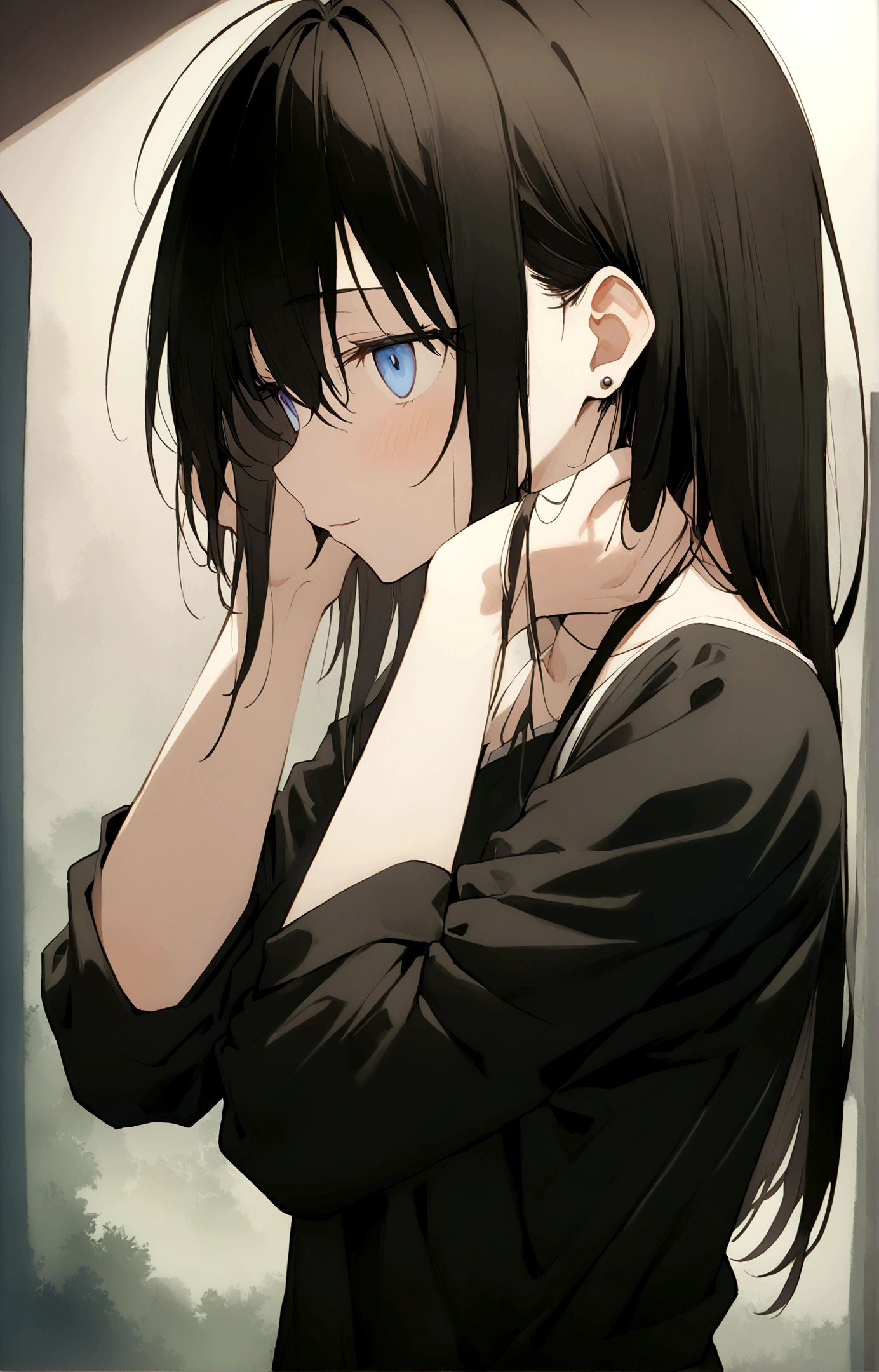 ((Generate a half-length anime portrait of a captivating scene featuring a stunning 20-year-old girl,)) ((semi lateral view,)) with medium long black hair, evil smile, with sports shorts and a black shirt. ((with his arms raised playing with his hair,)) piercing, blue eyes, medium chest, photography style ,