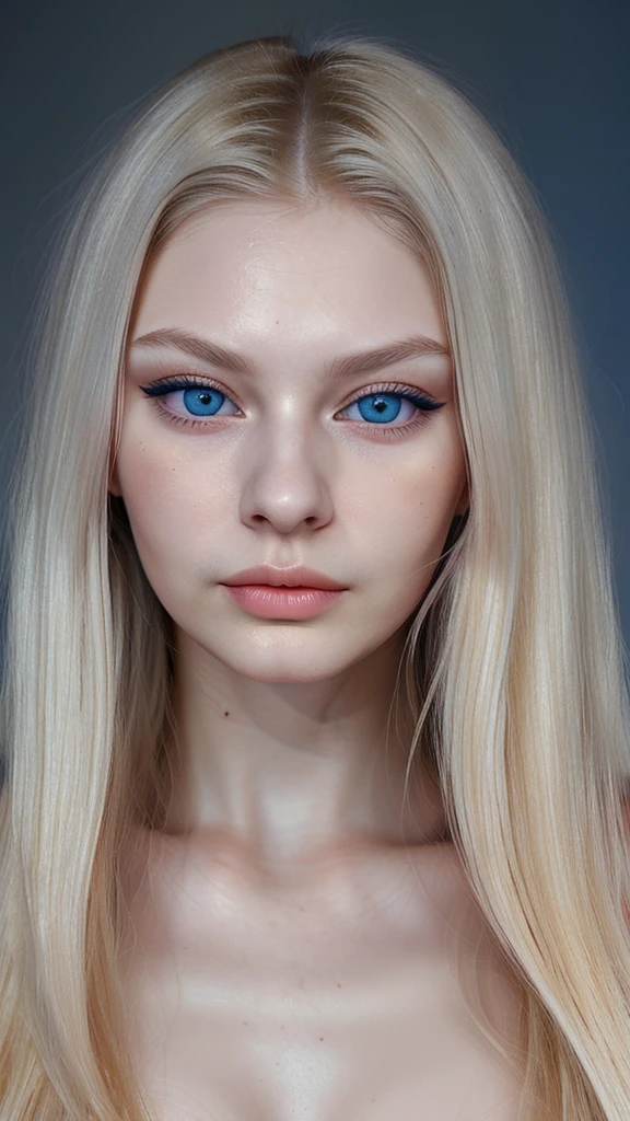 Young 22 years old russian woman, high cheekbones, mysterious gaze, heart faceshape, blue eyes, hunter eye shape, long eyelashes, full lips, small nose, blond straight hair