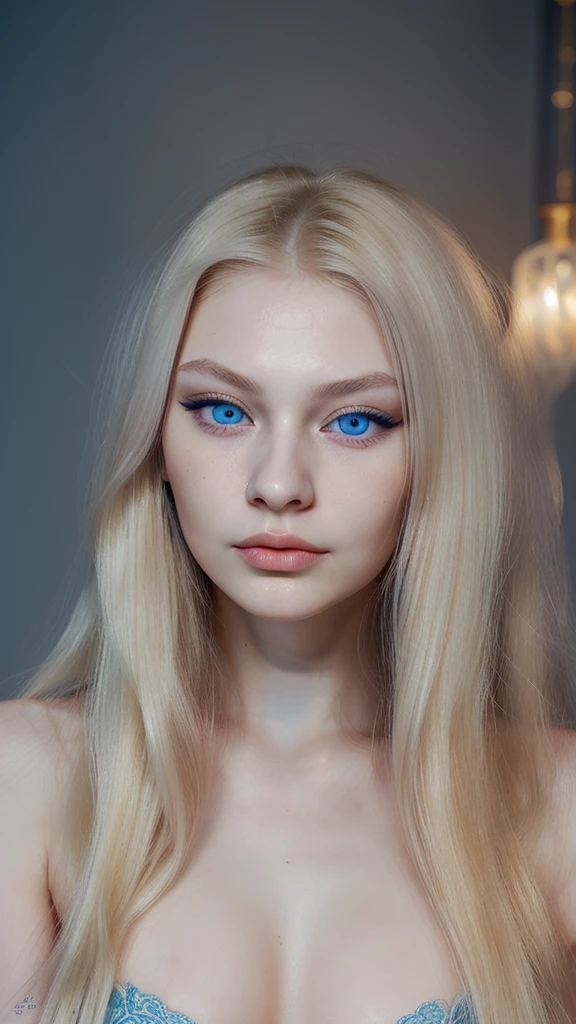 Young 22 years old russian woman, high cheekbones, mysterious gaze, heart faceshape, blue eyes, hunter eye shape, long eyelashes, full lips, small nose, blond straight hair
