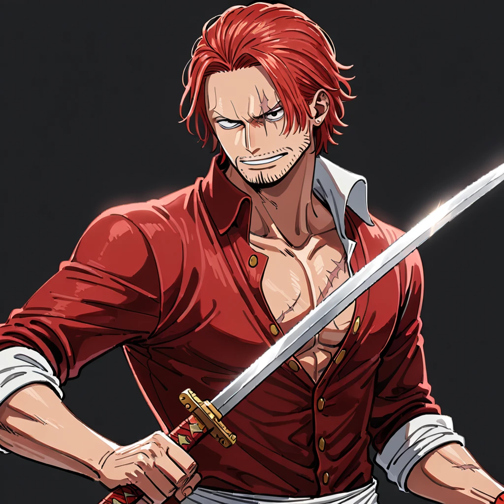 1boy, shanks from one piece , male focus, solo, red hair, weapon, sword, scar, facial hair, black background, shirt, holding, simple background, holding weapon, ((medium quality)), ((medium quality))