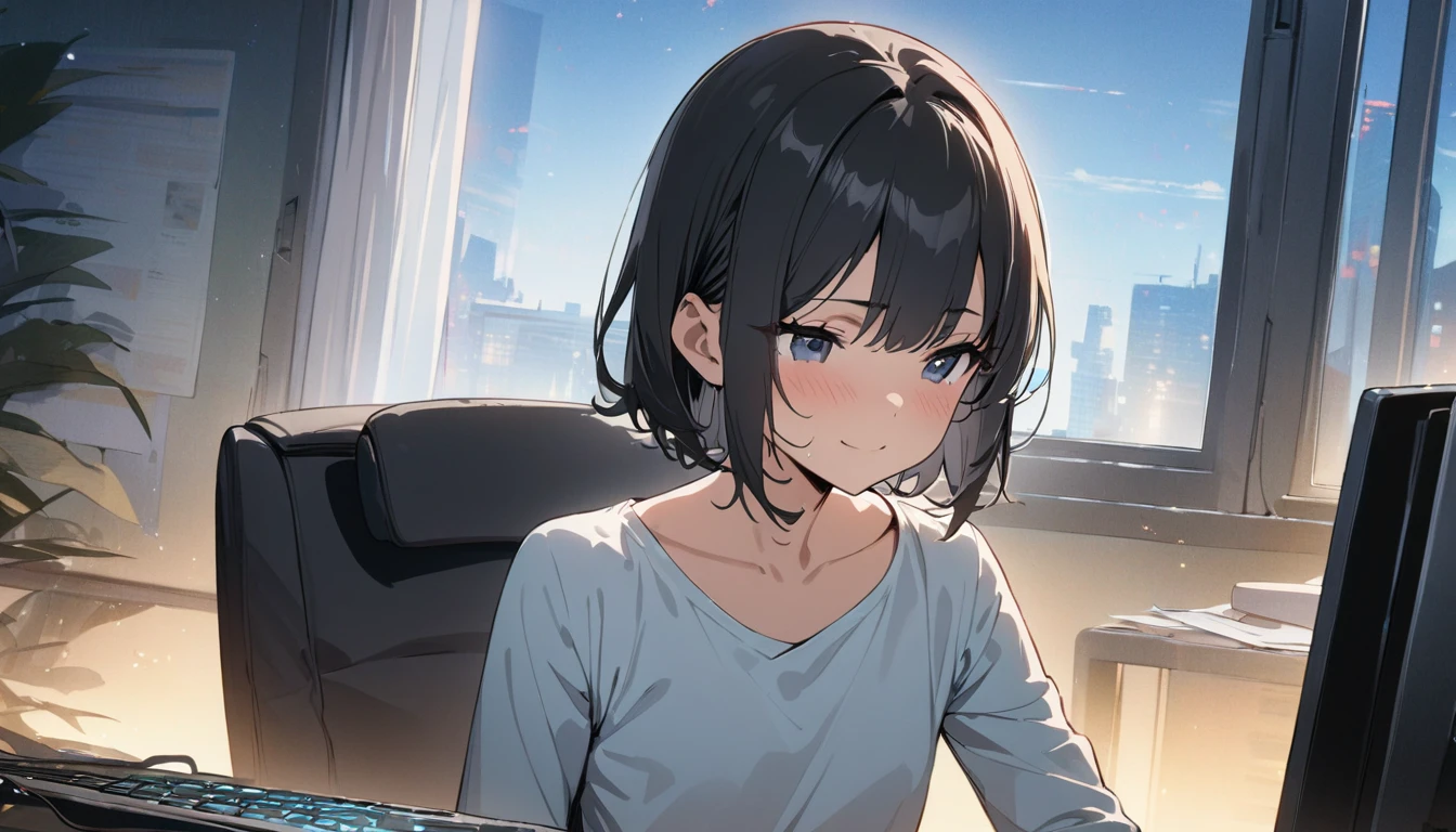 1girl, solo, gentle smile on her face flat chest, short hair, black hair, upper body, ((masterpiece, illustration, best quality)) ((best quality)), ((masterpiece)),(Pretty sister:1.3)、spring atmosphere、evening、aggressive、office、((impatient face))、Type into a computer、A lot of work、overtime