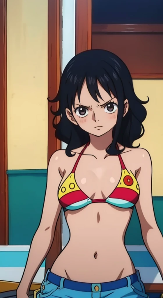 A girl with black and curly hair, dark skin, black eyes and the name Mayza Hasaua taking off her bikini in front of Luffy in the room