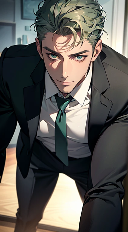 (best quality,4k,8k,highres,masterpiece:1.2),ultra-detailed,(realistic,photorealistic,photo-realistic:1.37),1 man,31 years old,mature man,very handsome,without expression,smile,short grey green hair,blue eyes,penetrating gaze,perfect face without errors,imposing posture,businessman,office background,cinematic lighting,hdr image